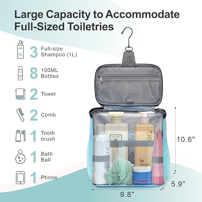 F-color Hanging Shower Caddy Portable - College Dorm Essentials for Guys with Hooks, Quick-Dry Shower Bag for Dorm Travel Gym Camping Essentials, Water-Resistant with Multiple Pockets, Light Blue