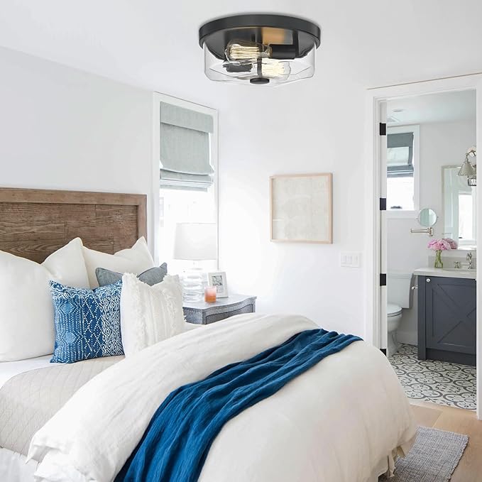 Flush Mount Ceiling Light with Clear Glass Shade, 2-Light Indoor Outdoor Farmhouse Lighting Flush Mount Lights for Kitchen Bedroom Porch Living Dining Room(Black)