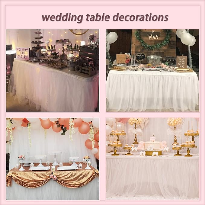 Suppromo 6ft White Tulle Table Skirt for Rectangle Tables or Round Tables Tutu Table Skirt White Ruffle Table Cloths for Wedding Bridal Shower Birthday Party Desk Skirt Decorations