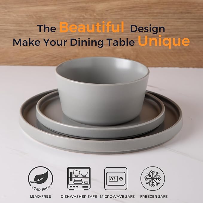 AmorArc Ceramic Dinnerware Sets for 4, Modern Flat Stoneware Plates and Bowls Sets,Chip and Crack Resistant | Dishwasher & Microwave Safe Dishes Set,Scratch Resistant- Service for 4 (12pc)-Matte Gray