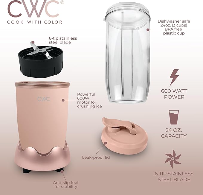 COOK WITH COLOR Personal Power Blender 600W, 24oz Capacity, BPA-Free Jar, Ice-Crushing Blades, Ideal for Smoothies & More, Anti-Slip Feet, Easy to Clean, Dusty Rose