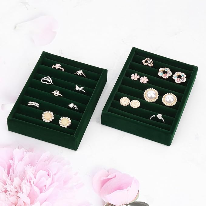 DesignSter Small Jewelry Tray-Ring Organizer 2PCS Premium Velvet Rings Earrings Display Tray Storage Insert Holder for Jewelry Box, Drawer, Dresser (8 Slots, Green)