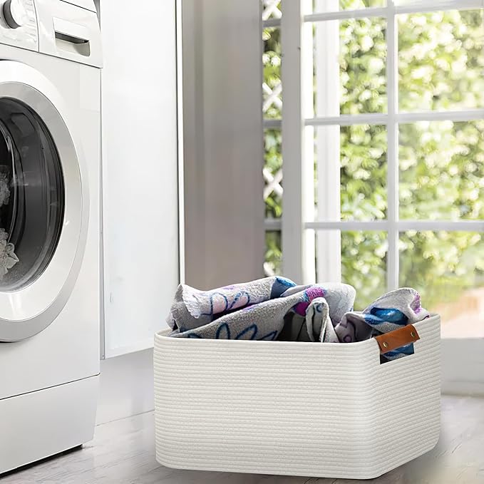 Large Collapsible Laundry Basket, Clothes Hamper for Blanket, Toy, Towels, Woven Baskets for Storage, Nursery Home Decor Living room 21.6" x 15" x 11.8" White