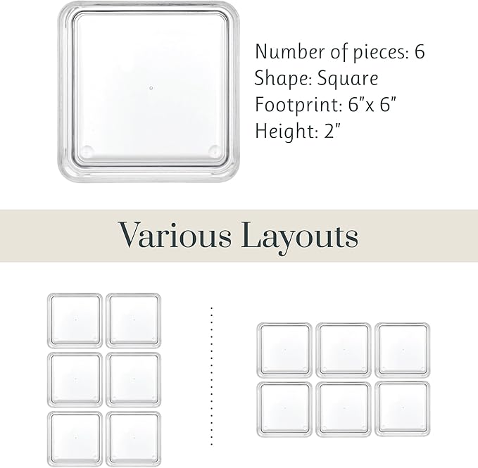 STORi SimpleSort 6-Piece Stackable Clear Drawer Organizer Set | 6" x 6" x 2" Square Trays | Small Makeup Vanity Storage Bins and Office Desk Drawer Dividers | Made in USA