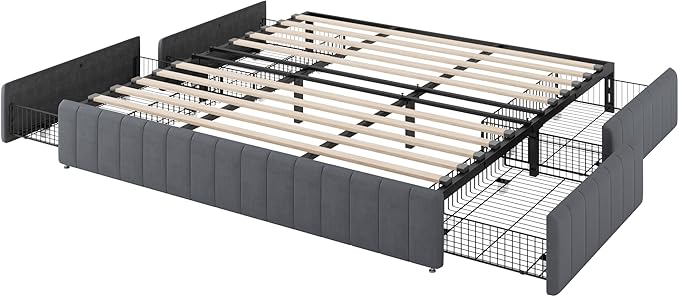 Allewie King Size Platform Bed Frame with 4 Large Storage Drawers, Velvet Vertical Channel Tufted Upholstered Bed Base, Wooden Slats Support, Noise-Free, No Box Spring Needed, Easy Assembly, Grey