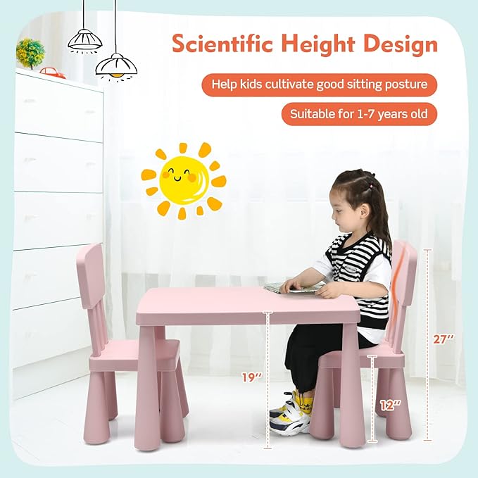 LDAILY Kids Table and Chairs, 3-Piece Children Arts Nursery Furniture for Drawing, Reading, and Painting, Light Weight Plastic Activity Kids Desk and Chair Set for Playroom, Kindergarten (Pink)