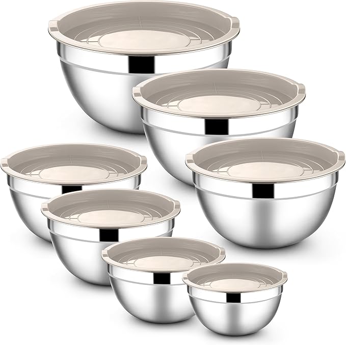 E-far Stainless Steel Mixing Bowls with Lids, 7-Piece Metal Mixing Bowls with Khaki Airtight Lids for Baking/Cooking/Prepping, Size 7, 4.6, 3, 2, 1.5, 1, 0.7QT, Nesting Design & Easy Storage