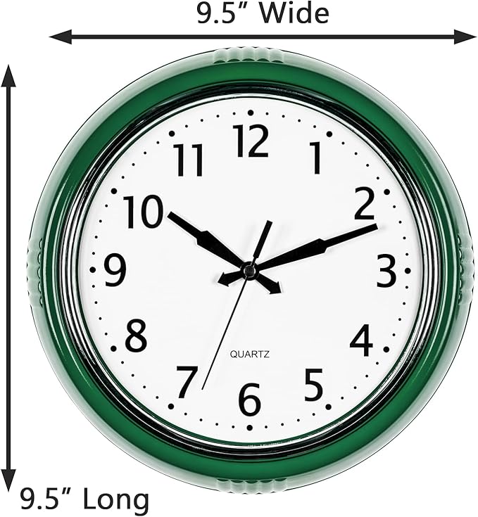 Bernhard Products Retro Wall Clock 9.5 Inch Hunter Green Kitchen 50's Vintage Design Round Silent Non-Ticking Quartz Battery Operated Clocks for Home Office School Classroom Kids Bedroom Living Room