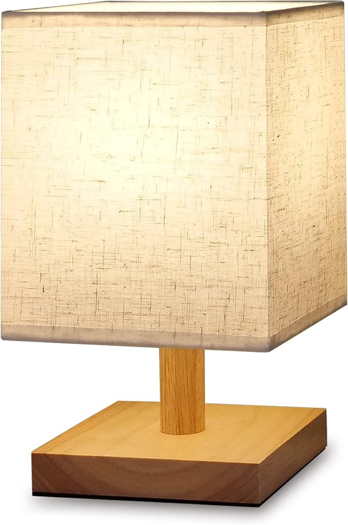 Small Table Lamp Mini Bedside Night Light Wooden Simple Desk Nightstand Lighting with Linen Shade for Bedroom, Living Room, Kids Room (Including LED Bulb) (Square)