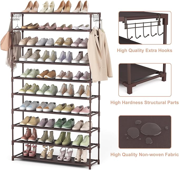 10 Tiers Shoe Rack 50 Pairs Large Capacity Tall Shoe Organizer Sturdy Shoe Storage with Two Hooks Space Saving Metal Wide Shoe Rack for Closet, Entryway, Bedroom, Brown