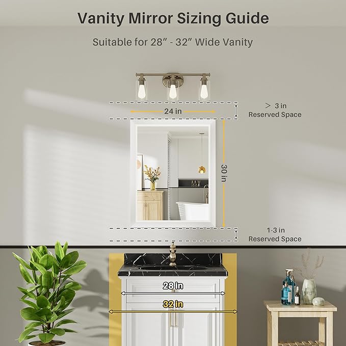 24x30 Inch White Bathroom Mirror for Wall, Thick Metal Framed Rectangle Mirrors for Over Sink, Bedroom, Living Room, Entryway, Anti-Rust, HD Tempered Glass