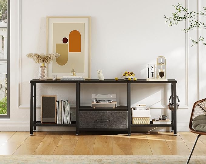 Casaottima 47" TV Stand with Open Storage Shelves up to 55 Inch TVs, Entertainment Center with Fabric Drawers, TV Console Table with Soundbar Shelf TV Stand for Living Room Bedroom, Pure Black