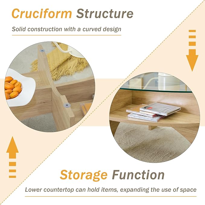 41" Oval Glass Coffee Table with Tempered Glass Top and MDF Base, Diagonal Fan-Shaped Tray Design Table Leg Simple & Modern Center Table for Living Room Office Apartment Wood