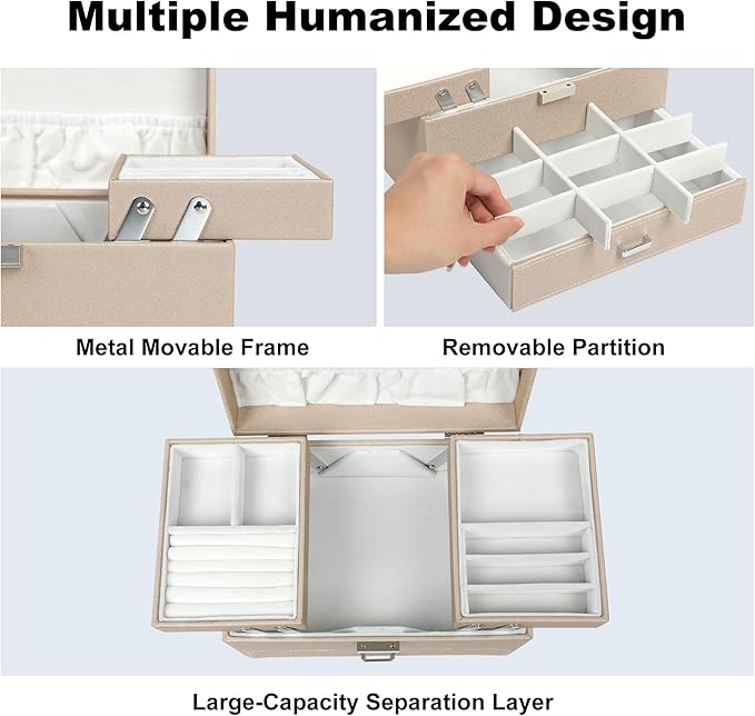 Dajasan Jewelry Box Organizer, Jewelry Boxes for Women Girls, 3 Layers Jewelry Gift Box for Christmas, Valentine's Day, Birthday, Mother's Day (Champagne)