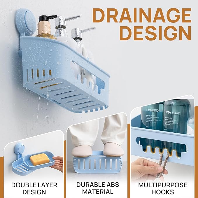 LEVERLOC Shower Caddy Suction Cup Set Shower Organizer & Soap Holder & Toothbrush Holder, Bathroom Shelf Basket NO-Drilling, Removable Suction Storage Waterproof Bathroom Caddy, Blue