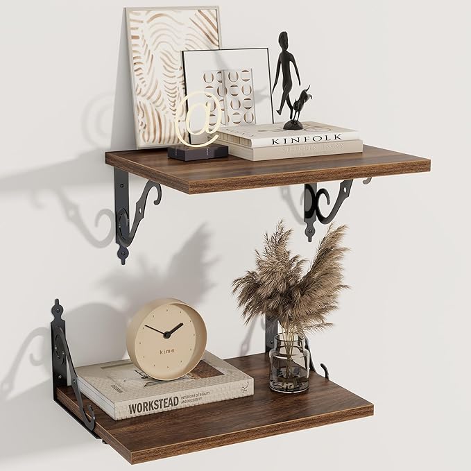 Deep Floating Shelves, 16" W x 12" D Wall Shelves Set of 2, Wide Display Shelf Wall Mounted with Brackets, Bookshelf for Living Room, Bathroom, Bedroom, Walnut