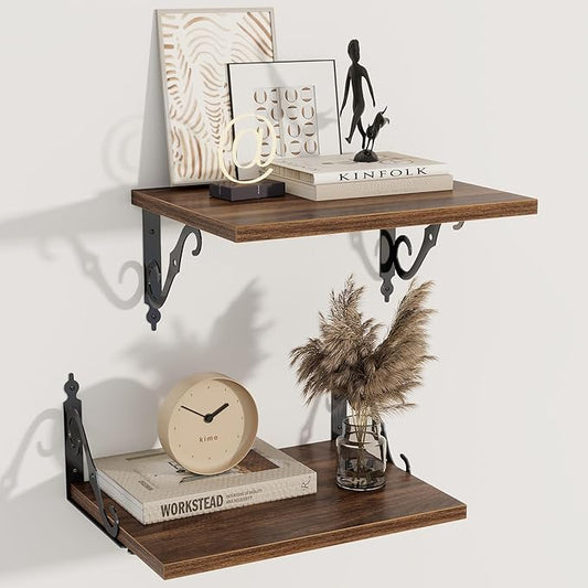 Deep Floating Shelves, 16" W x 12" D Wall Shelves Set of 2, Wide Display Shelf Wall Mounted with Brackets, Bookshelf for Living Room, Bathroom, Bedroom, Walnut