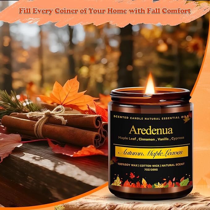 Fall Candle - Autumn Maple Leaves Candle | Autumn Scented Candles for Home, 7oz Autumn Soy Candles for Home Scented, 50 Hours Burn Time, Harvest Holiday/Halloween/Thanksgiving Fall Gifts for Women Men