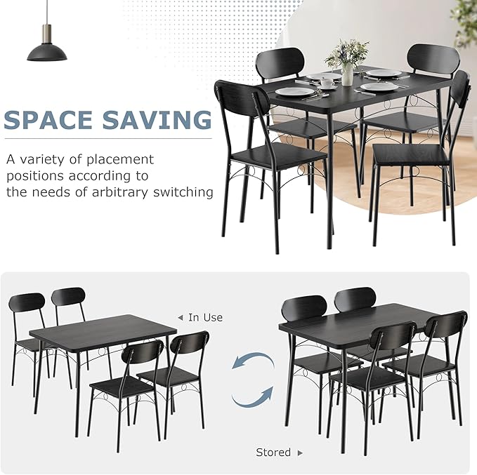 VECELO Dining Table Set for 4, 5-Piece Kitchen Table with 4 Chairs, MDF Board Tabletop with Metal Frame for Small Space, Compact Dinette, Breakfast Nook, Black