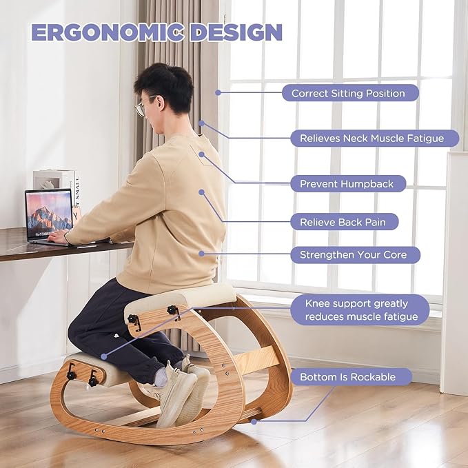 Ergonomic Kneeling Chair,Adjustable Rocking Knee Chair for Home Office,Wooden Office Chair for Back Pain Relief, Beige