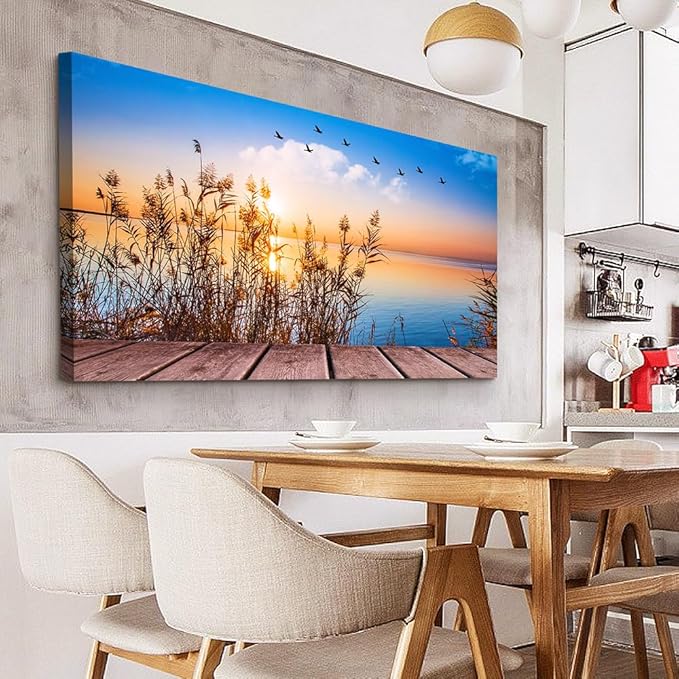 Wapluam Canvas Wall Art For Living Room Large Wall Decor For Office Bedroom Wall Decorations Blue Ocean Seascape Pictures Artwork Sun Seaview Poster Wall Painting Prints Works Home Decor 48 X 24 in