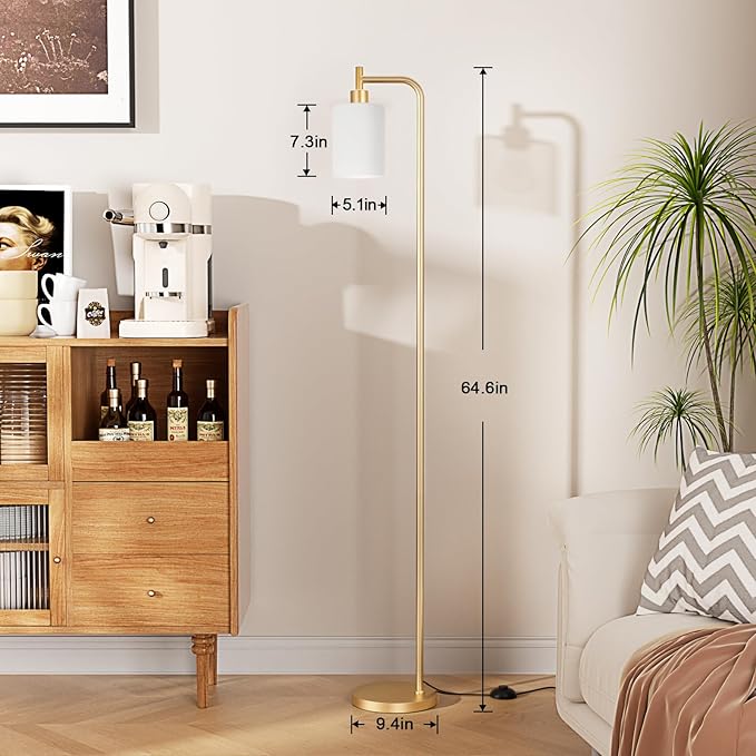 Floor Lamps for Living Room - Industrial Standing Lamp with Remote Control Glass Shade, Modern Gold Floor Lamp with LED Bulbs, Tall Lamp for Bedroom Office - Gold