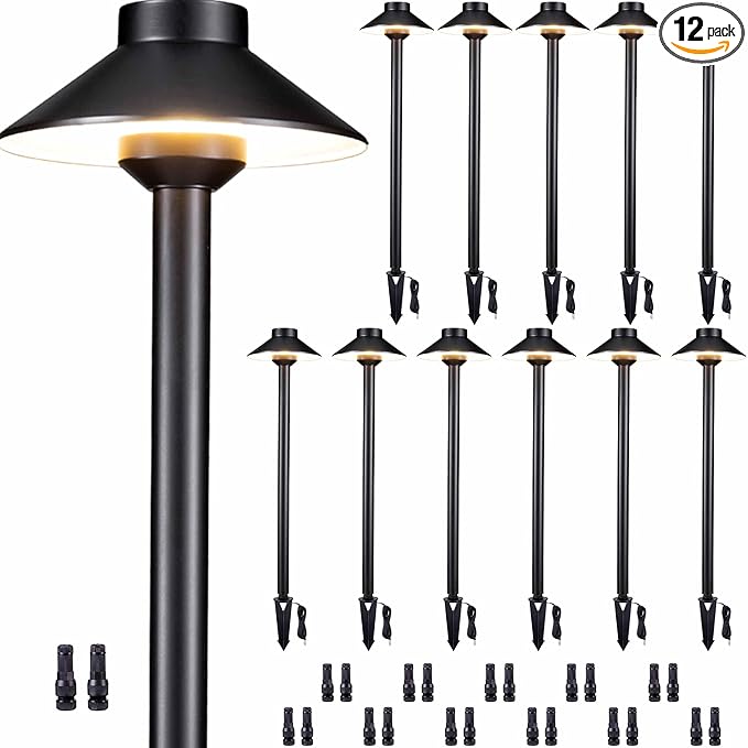 Solid Cast Brass Pathway Light - 12v LED Landscape Path Lights Outdoor Waterproof IP65, Electric Pathlights Wired, Hat Shape Black for Garden Decorations G4 Bulb Not Included (12 Pack)