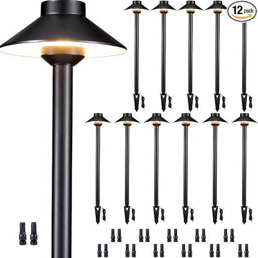 Solid Cast Brass Pathway Light - 12v LED Landscape Path Lights Outdoor Waterproof IP65, Electric Pathlights Wired, Hat Shape Black for Garden Decorations G4 Bulb Not Included (12 Pack)