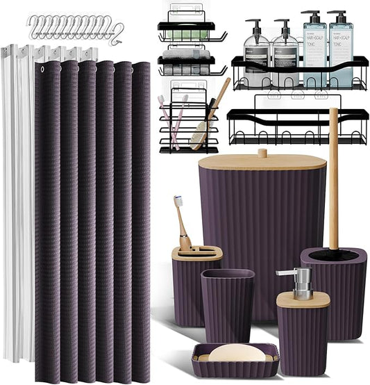 Shower Caddy and Bathroom Accessories Set, 25PC Bathroom Accessory Set with Shower Caddy for Bathroom Storage, Purple Shower Curtain Set, Toilet Brush, Trash Can, Soap Dispenser, Toothbrush Holder