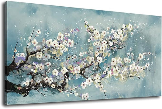 Plum Blossom Botanical Floral Canvas Art - Grey Blue - 30" x 60" - Framed - Ready to Hang - Bedroom, Living Room, Bathroom, Kitchen, Office, Home Wall Decor