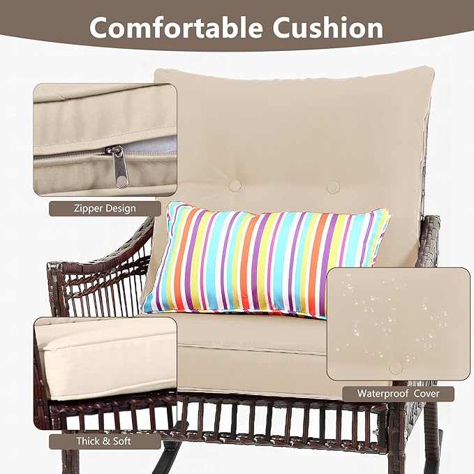 3 Pieces Patio Furniture Set, Outdoor Rocking Chairs Set of 2, Wicker Cushioned Patio Rocker with Side Table for Porch, Garden, Poolside & Deck, Beige