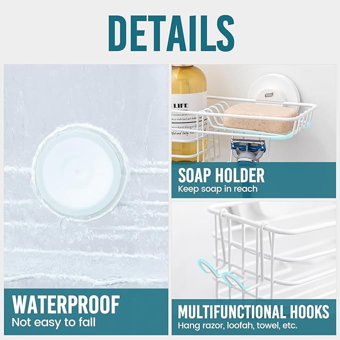 TAILI Shower Caddy Suction Cup with Hooks & Soap Holder, Heavy Duty Bathroom Shower Organizer, No Drilling Shelves for Inside Bathroom, Metal Black Storage Basket-White