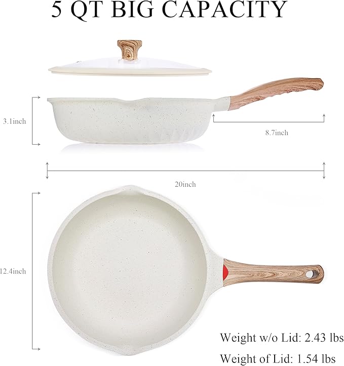 Vinchef Nonstick Deep Frying Pan, Saute Pan with Lid, 11"/5Qt, German 3C+ Ceramic Coating, Induction Compatible, White Color, Cookware for Kitchen