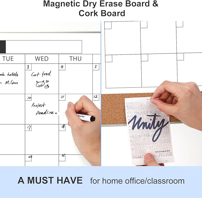 ARCOBIS Dry Erase Calendar with Cork Board for Wall, 24"x 18" Magnetic Calendar Whiteboard with Silver Frame, Monthly Combination Board for School, Home, Office