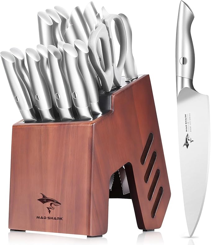 MAD SHARK Knife Set for Kitchen with Block, 17pc Cutlery Set, Built-in Sharpener, German Stainless Steel, Non-slip Ergonomic Handle, Dishwasher Safe