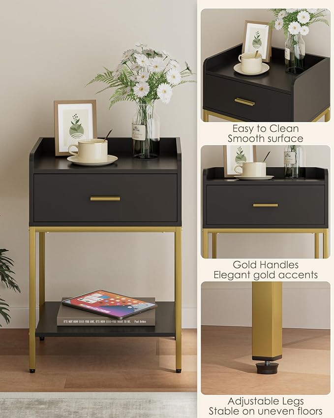 Masupu Nightstand,Bedside Table 3-Tier Modern Night Stand with Storage Drawer and Shelf,Small End Side Table for Bedroom,Living Room,Black (Without Outlet, Black)