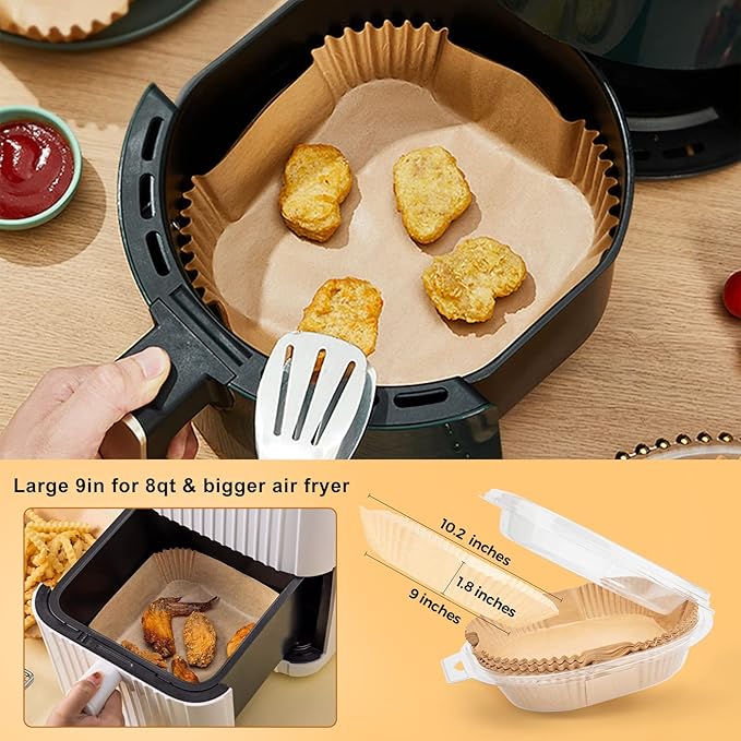 Disposable Air Fryer Paper Liners: 100Pcs 9 In Large Square Non Stick Parchment, Air Fryer Basket Liner for 8Qt - 12Qt Airfryer