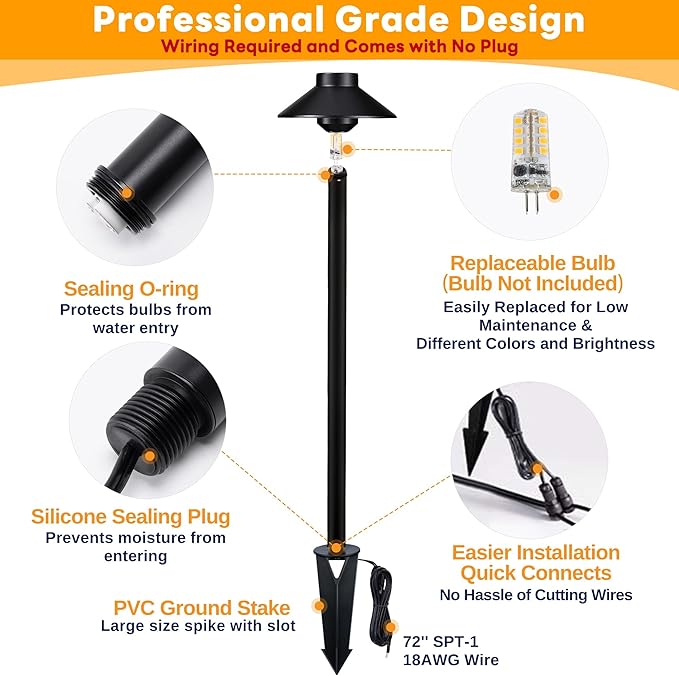 Solid Cast Brass Pathway Light - 12v LED Landscape Path Lights Outdoor Waterproof IP65, Electric Pathlights Wired, Hat Shape Black for Garden Decorations G4 Bulb Not Included (12 Pack)