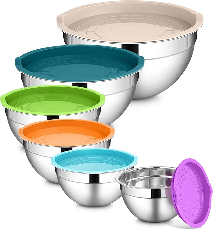 LIANYU Stainless Steel Mixing Bowl Set of 6, Metal Nesting Salad Bowl, Extra Large 7 & 3.5 & 2.5 & 2 & 1.5 & 1QT, Kitchen Bowls for Cooking, Storage, Serving, Dishwasher & Freezer Safe, Multi-Color