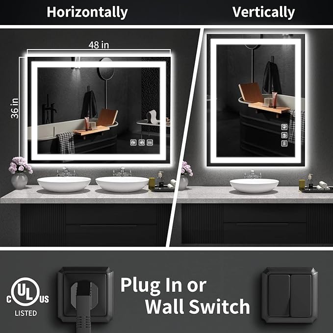 LED Mirror for Bathroom, 48x36 Inch Backlit + Front Lighted Bathroom Vanity Mirror with Lights for Wall, Double Light Strips, 3 Colors, Shatter-Proof, Anti-Fog and Brightness Memory