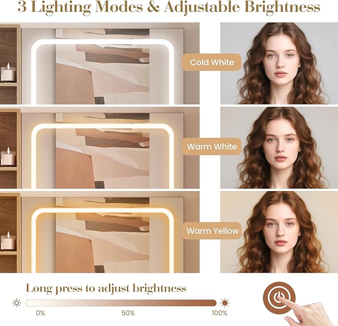 Vanity Desk with Mirror and Lights, Pink Makeup Vanity with Charging Station, Dressing Table Set with Storage Chair, Drawer Shelves, and Foldable Panel for Compact Space Bedroom (Nature Wood)