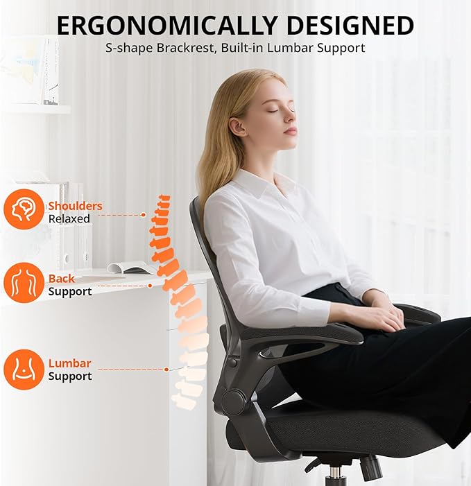 Office Chair, Ergonomic Desk Chair Breathable Mesh Chair with Adjustable High Back Lumbar Support Flip-up Armrests, Long Hours Comfortable Computer Chair for Home Office, Black