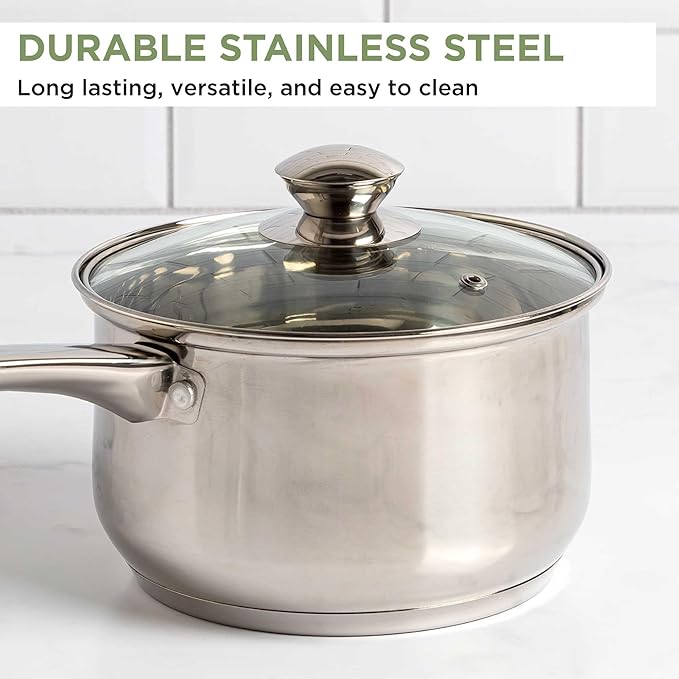 Ecolution Stainless Steel Sauce Pan, Encapsulated Induction Ready Cooking Pot with Glass Lid, Oven Safe, Dishwasher Safe Soup Pot, 3-Quart