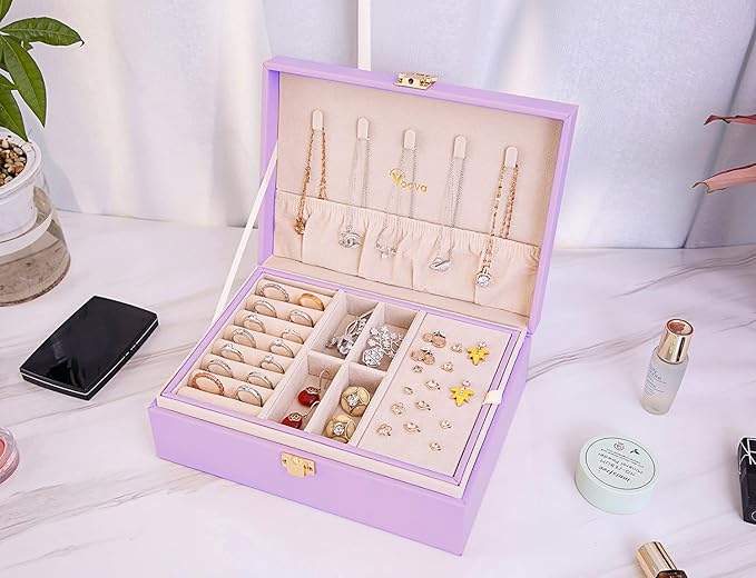 Voova Jewelry Box Organizer for Women Girls, 2 Layer Large Men Jewelry Storage Case, PU Leather Display Jewellery Holder with Removable Tray for Necklace Earrings Rings Bracelets,Vintage Gift,Lavender