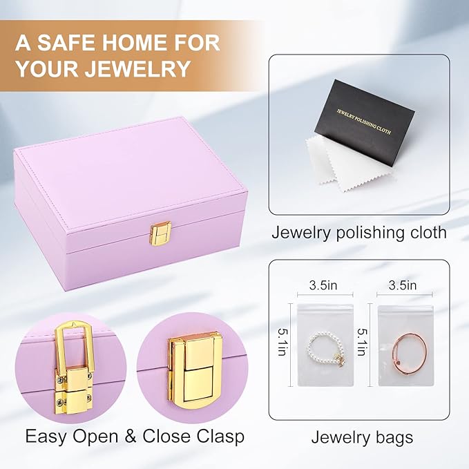 Jewelry Box for Girls Women Leather Jewelry Organizer with Lock Double Layers Jewelry Storage Case Removable Tray for Necklace Earring Ring with Polishing Cloth and Jewelry Bags, Home Decor Gifts