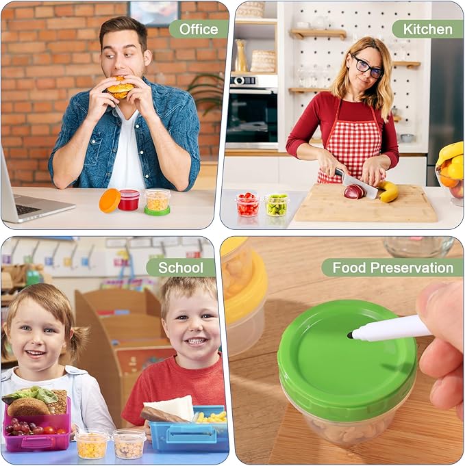 4 oz Small Plastic Containers with Lids, 6 Pack Stackable Small Freezer Containers, Reusable 1/2 Cup Food Containers for Snack Puree Fruit, with Pen and Brush, Microwave & Dishwasher Safe