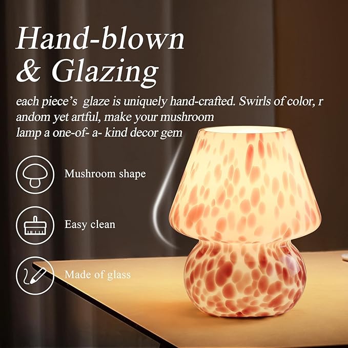 Cute Mushroom Lamp | Small Bedside Nightlight for Bedroom & Living Room | Adorable Blush Pink Translucent Glass Desk Light with E26 3000K Warm Bulb | Perfect Home Decor Gift for Girls & Women