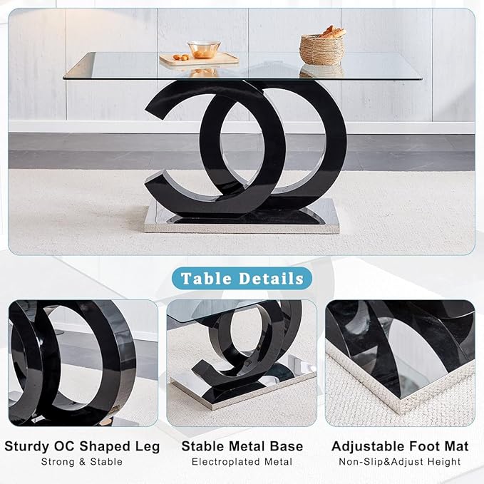 gopop 63'' Modern Glass Dining Table, Clear Glass Top with Black Unique Design Leg and Silver Metal Base, Seats 4-6, 63 x 35.4 x 30 inches