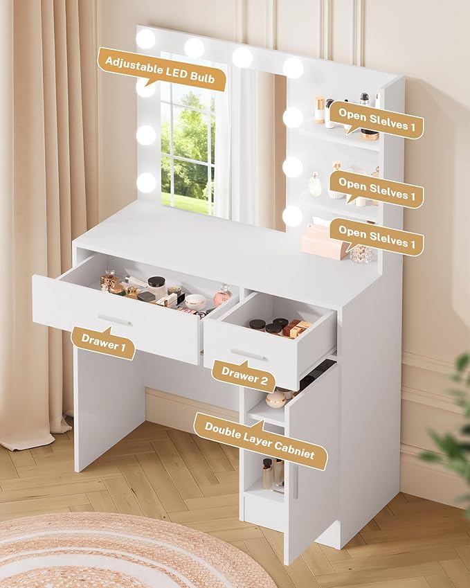 Lighted Makeup Vanity Desk, 35.4“W x 15.7'”D x 54“H, White (with Lights and Mirror, Dimming Function, 2 Drawers and 1 Cabiniet, Open Shelves) by Boahaus