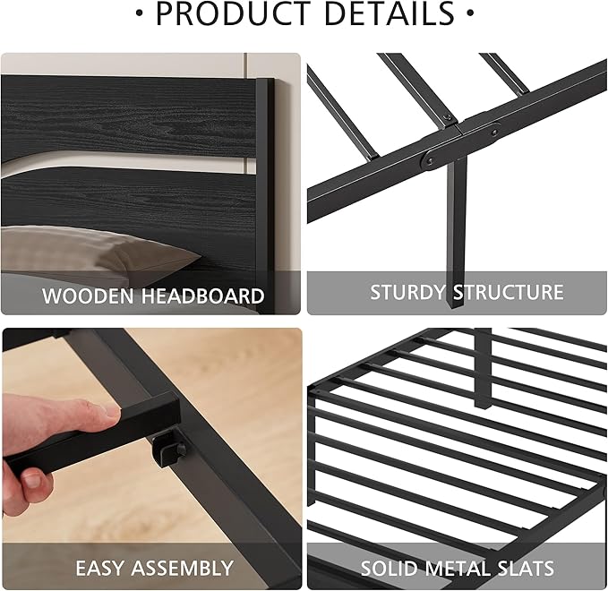 VECELO Twin Size Platform Bed Frame with USB Charging Station and Wood Storage Headboard, Heavy Duty Metal, Large Storage, Noise-Free, No Box Spring Needed, Easy Assembly, Black